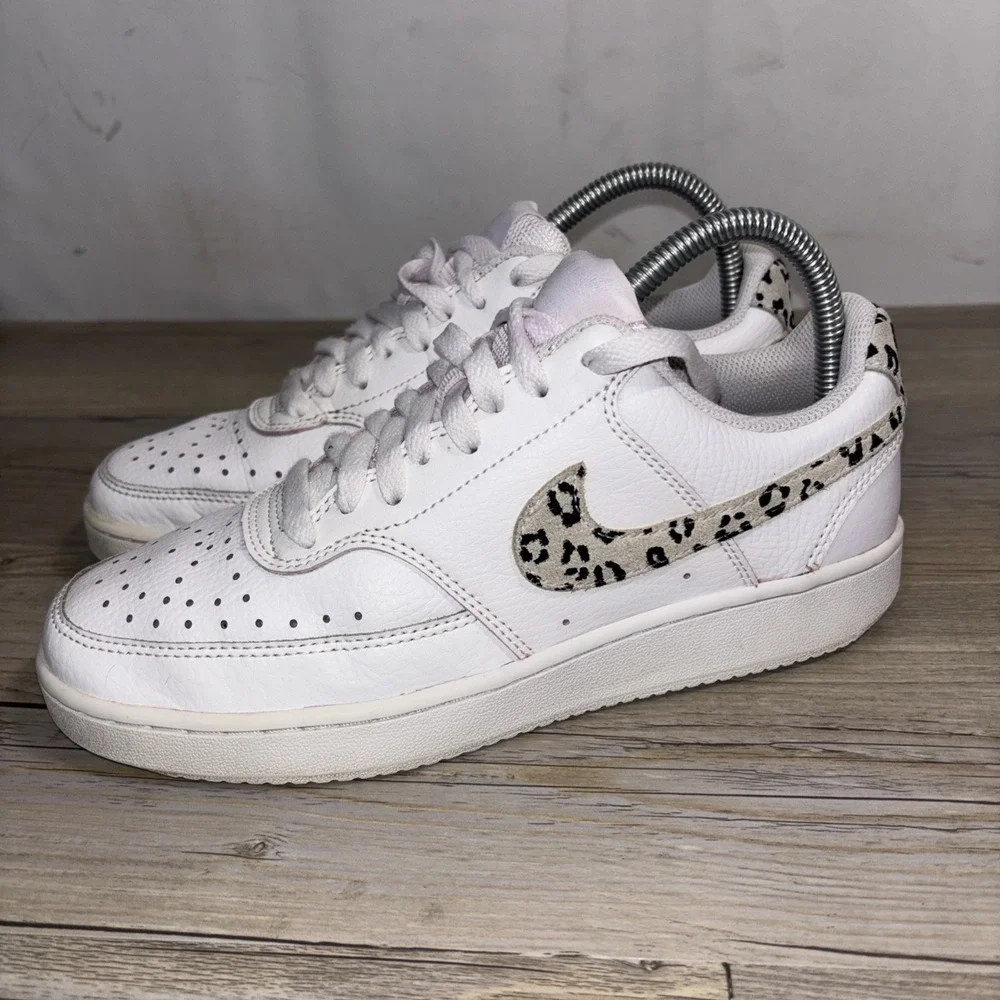 Nike Women's Court Vision Low Top Lace-Up Leopard Swoosh Sneakers PLEASE READ